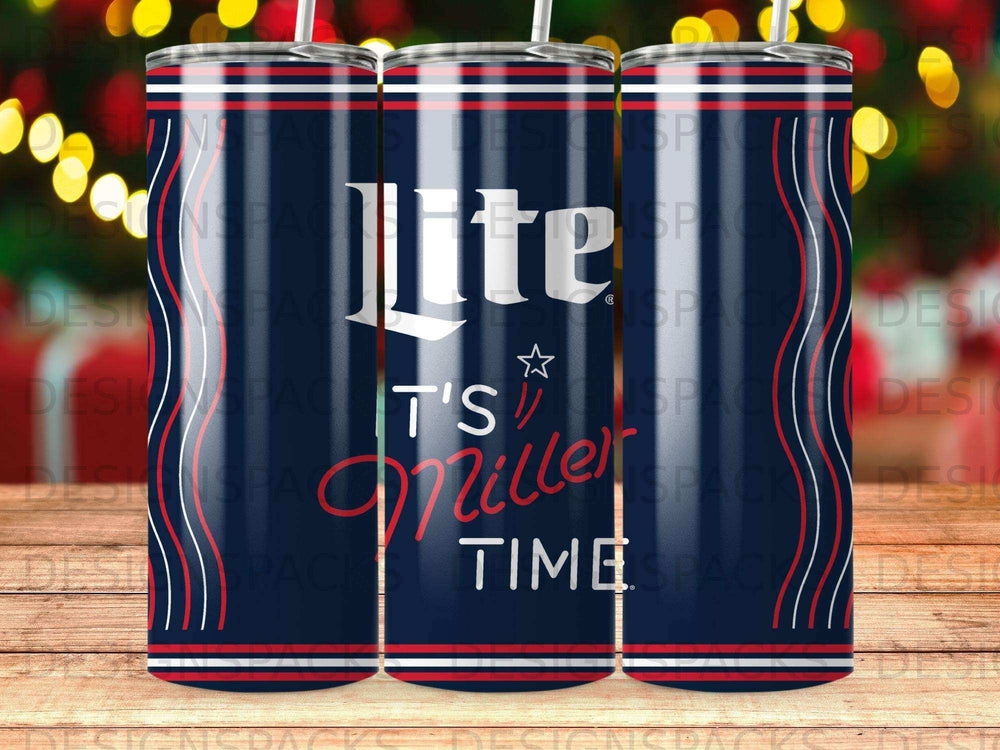 Lite beer tumbler with "Miller Time" text and red and white stripes.