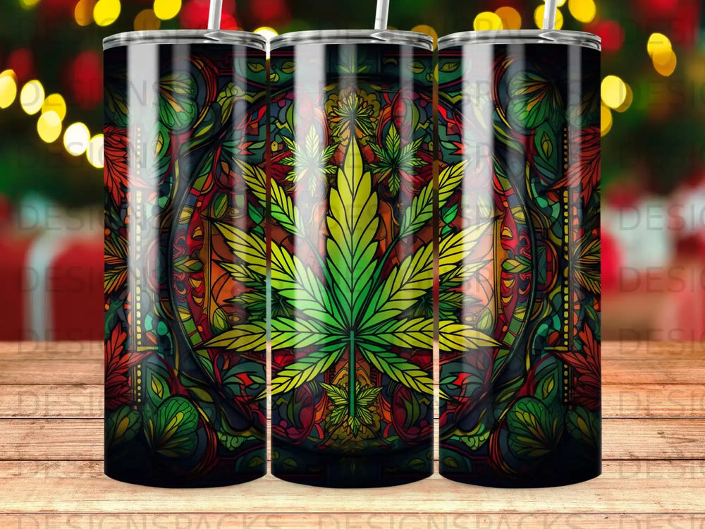 Tumbler with a colorful, ornate marijuana leaf design.
