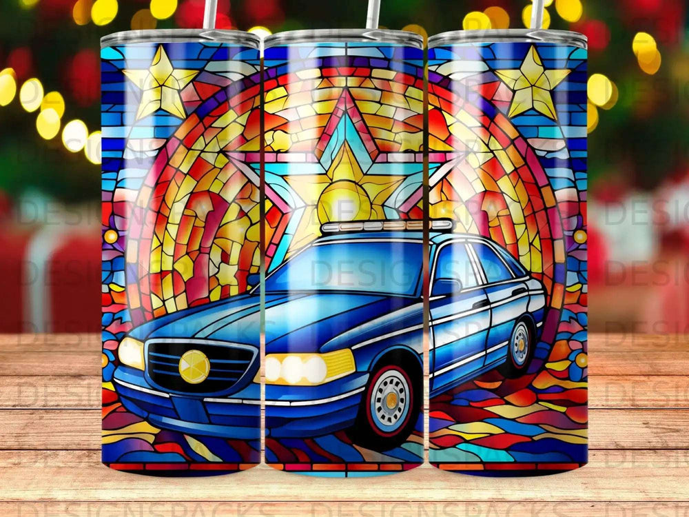 Blue police car against a colorful stained-glass starburst background.