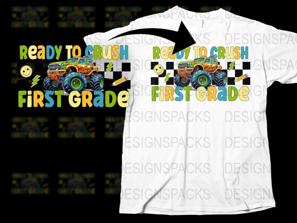 Boys First Grade Monster Truck T-Shirt, Ready to Crush School Tee, Colorful Kids Back to School Outfit, Graphic Print Shirt