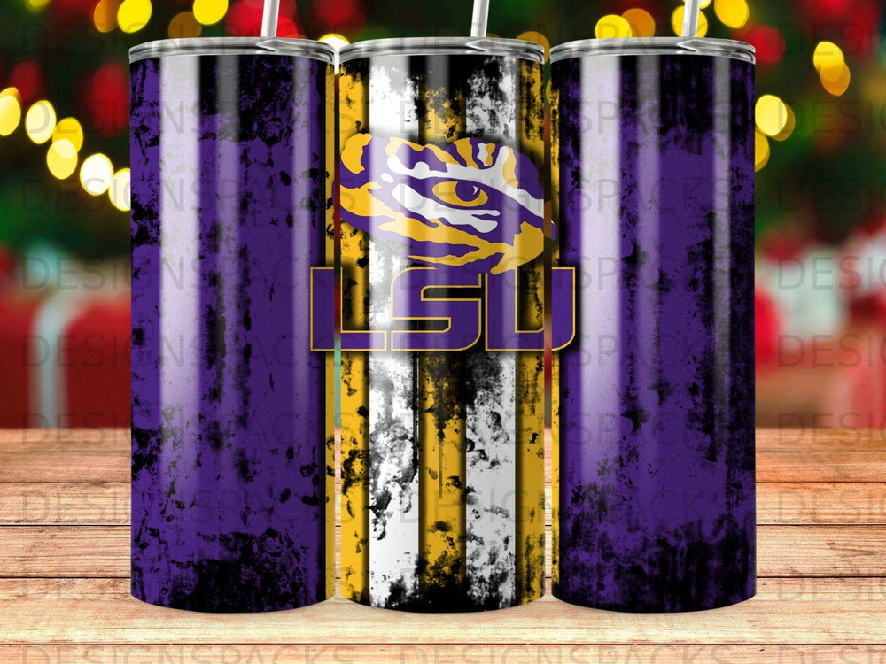 Purple and gold LSU Tigers tumbler with distressed stripes.