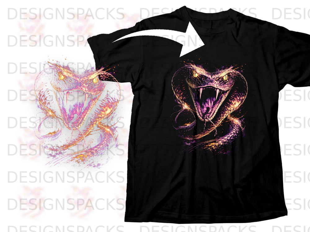 Black t-shirt with a graphic of a striking cobra with purple and gold accents.