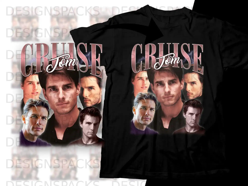 Collage of Tom Cruise movie stills on a black t-shirt.