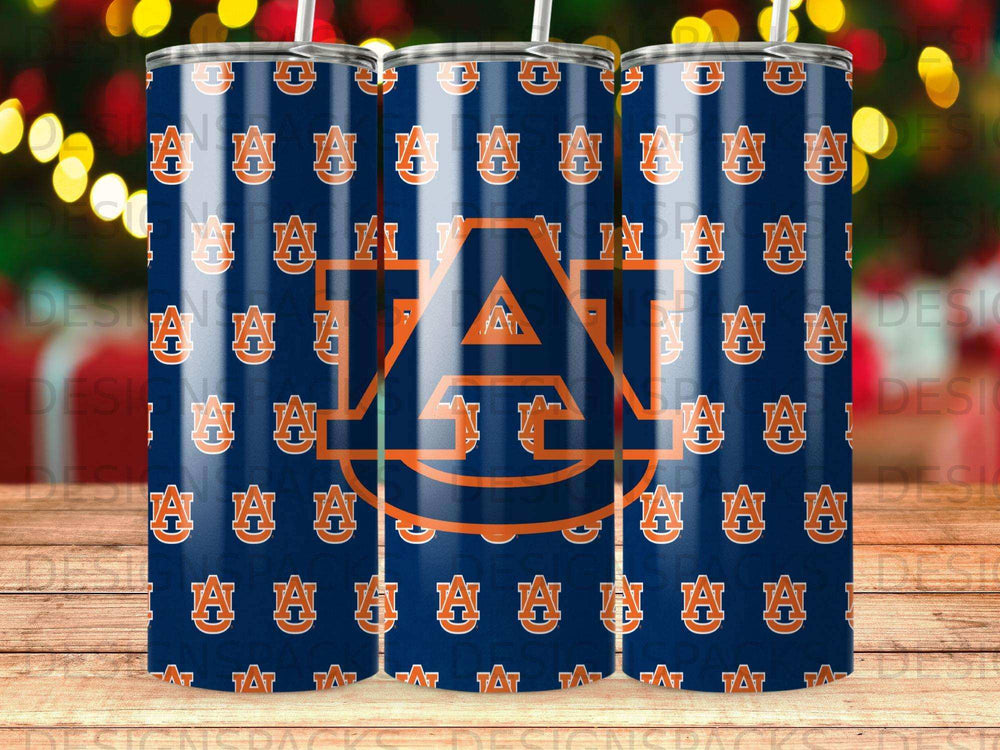Auburn Tigers logo pattern on a blue tumbler.