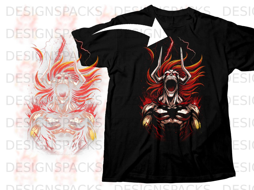 Black t-shirt with a graphic of a monstrous, horned figure with red hair and lightning.
