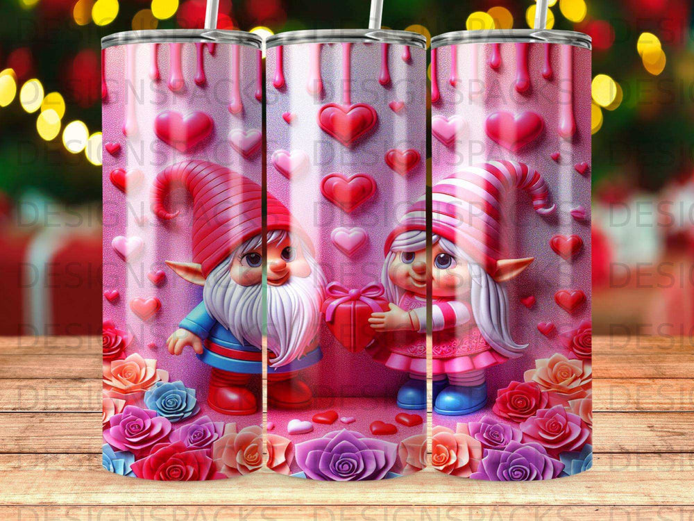 Two gnomes exchange gifts with hearts and roses on a textured background.