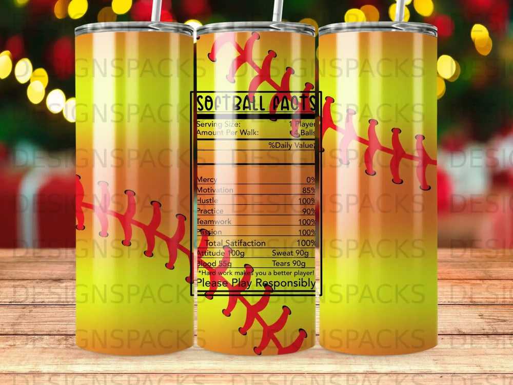 Tumbler with "Softball Facts" and softball player stats.