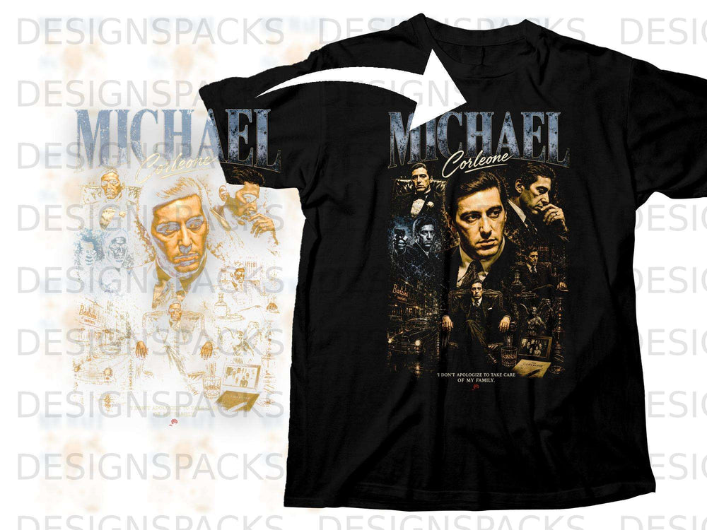 Black t-shirt with "MICHAEL Corleone" text and collage of movie scenes.