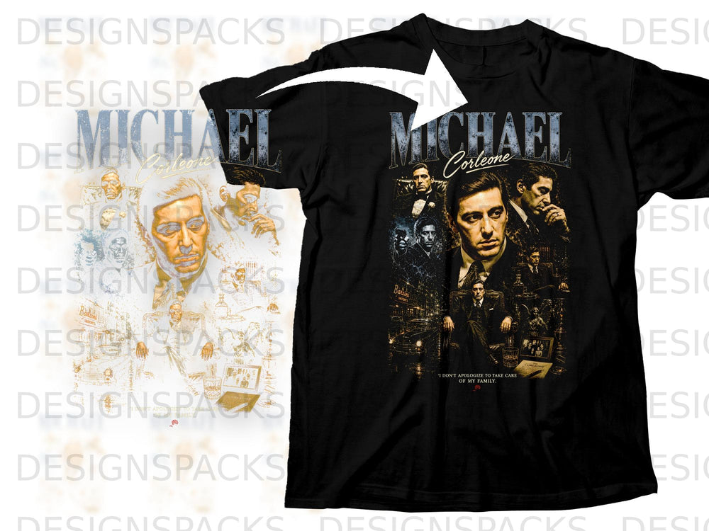 Black t-shirt with "MICHAEL Corleone" text and collage of movie scenes.