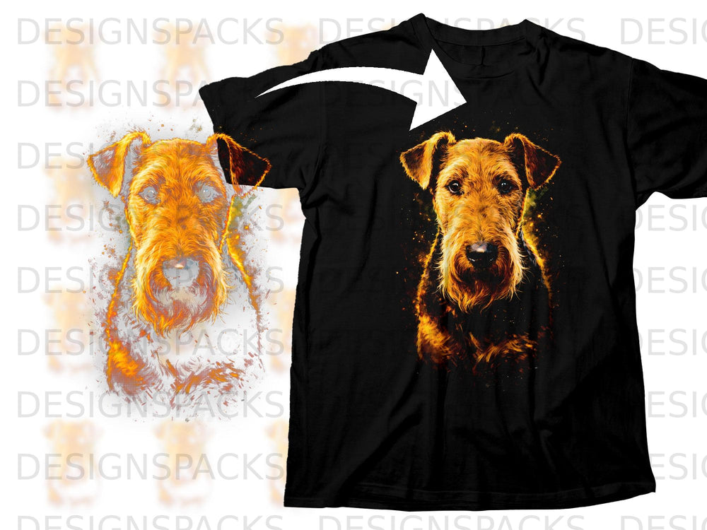 Black t-shirt with a vibrant Airedale Terrier dog graphic design.