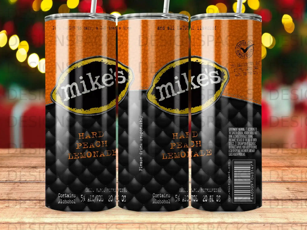 Two cans of Mike's Hard Peach Lemonade, showing branding and text.