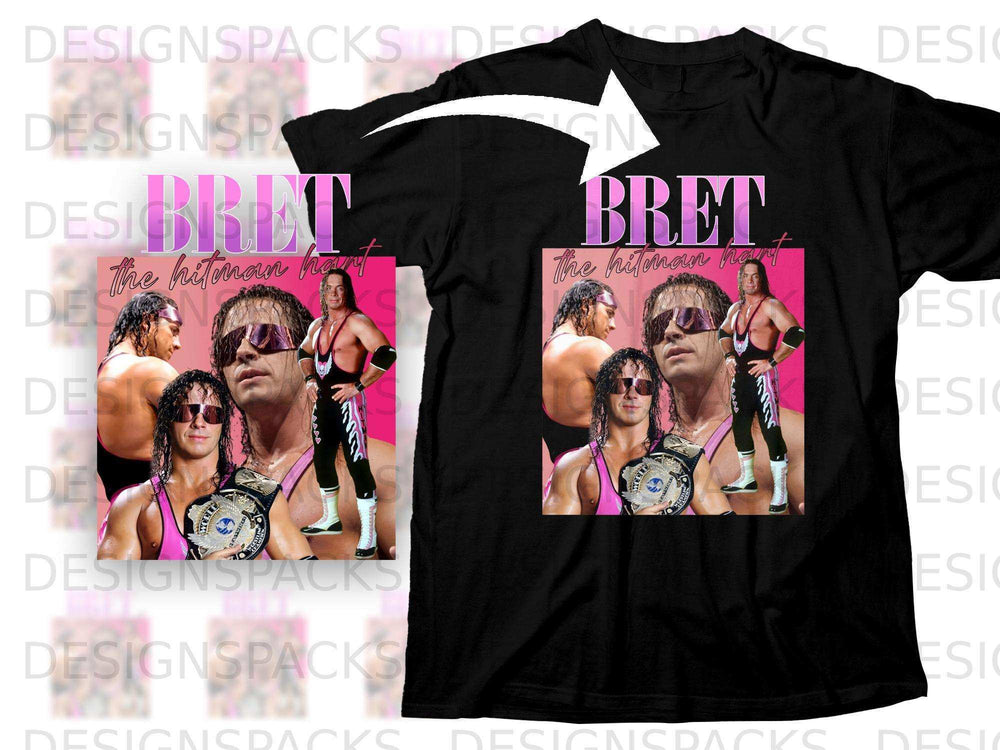Black t-shirt featuring Bret "The Hitman" Hart with championship belts.
