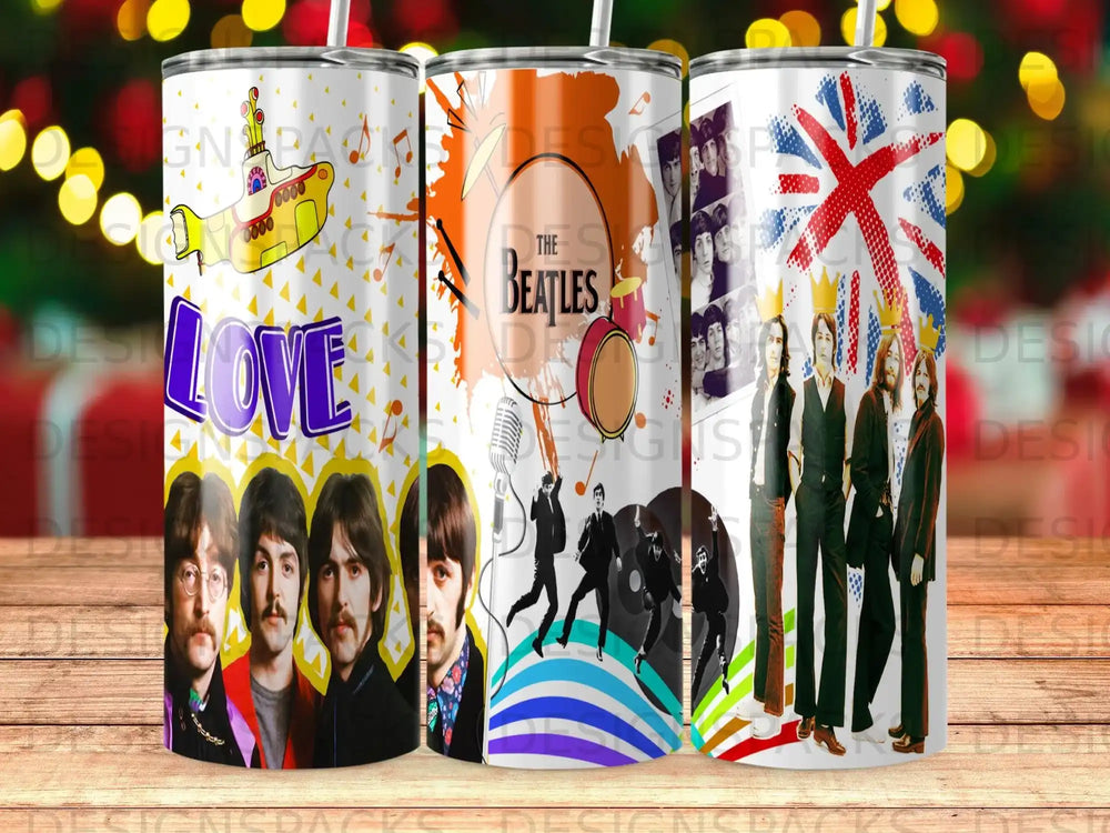 The Beatles in colorful, abstract designs with "LOVE" text.