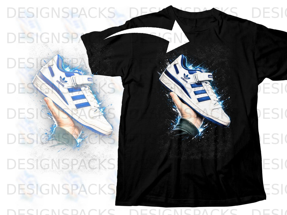Black t-shirt with white and blue Adidas sneaker graphic and white arrow.