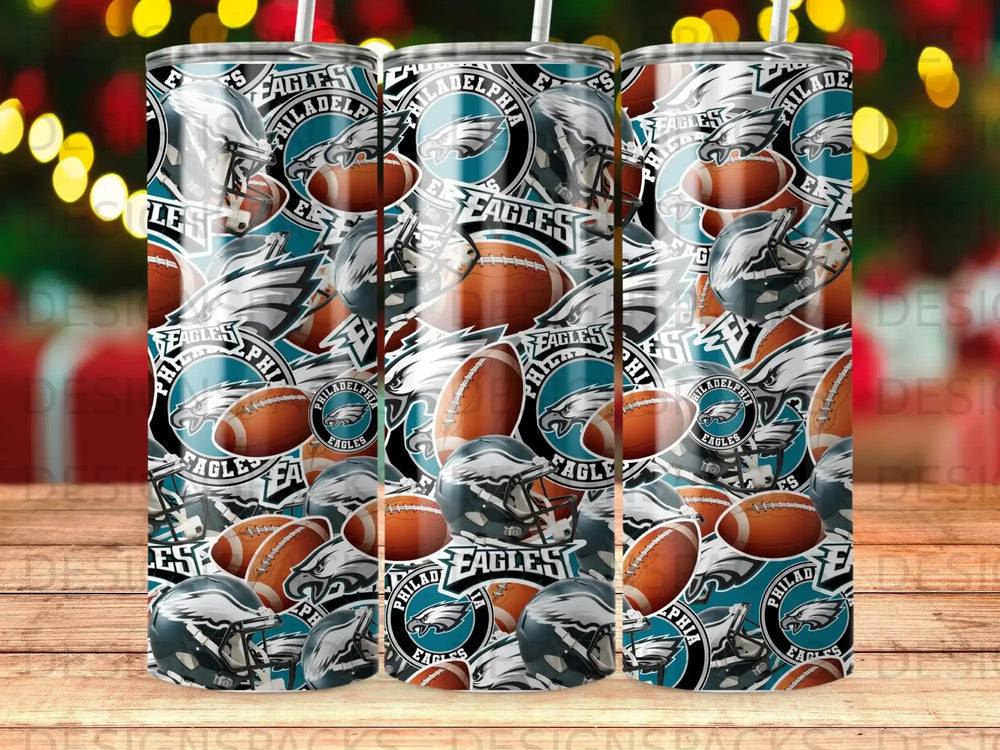 Philadelphia Eagles football helmets and footballs pattern on tumblers.