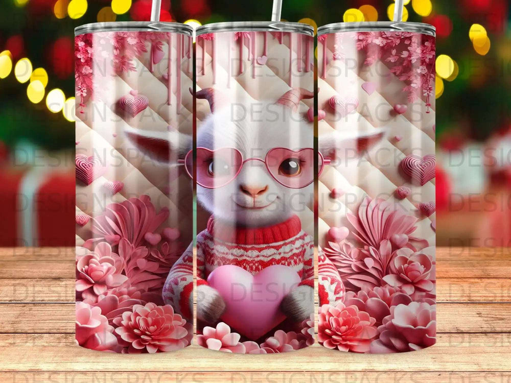 Goat wearing pink heart glasses holds a pink heart on a Valentine's Day themed tumbler.