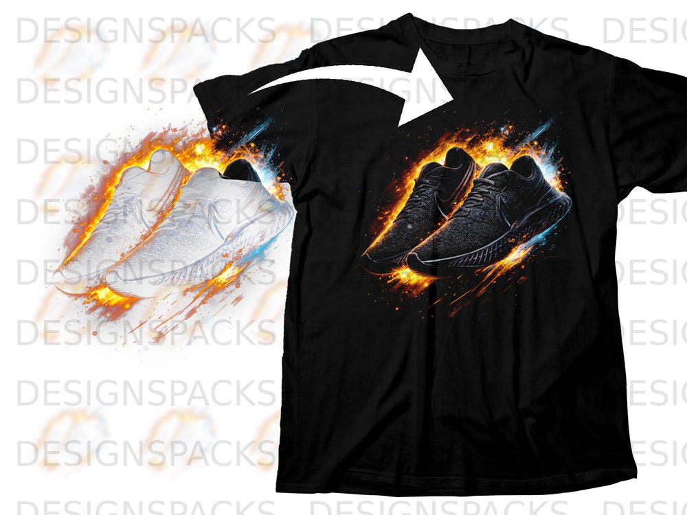 Black t-shirt with a graphic of black sneakers on fire.