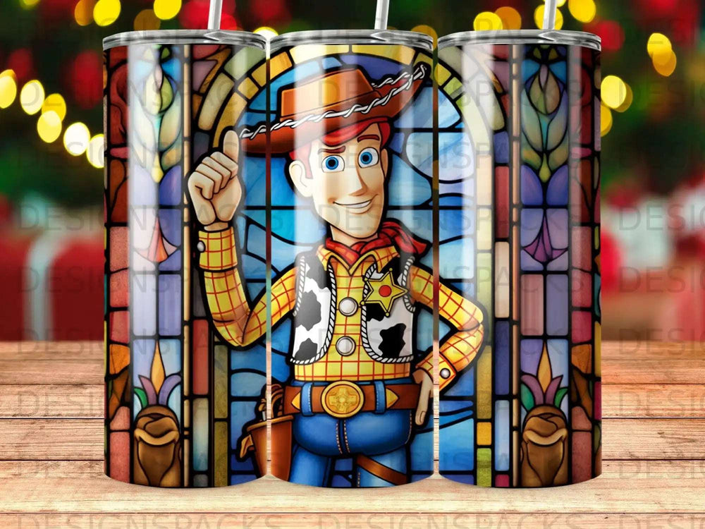 Woody from Toy Story in stained glass style on a tumbler.