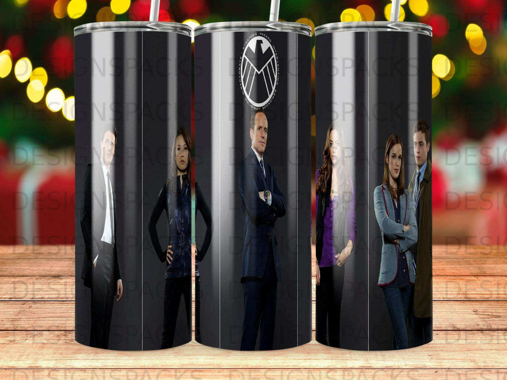Marvel's Agents of S.H.I.E.L.D. logo and cast on a tumbler.
