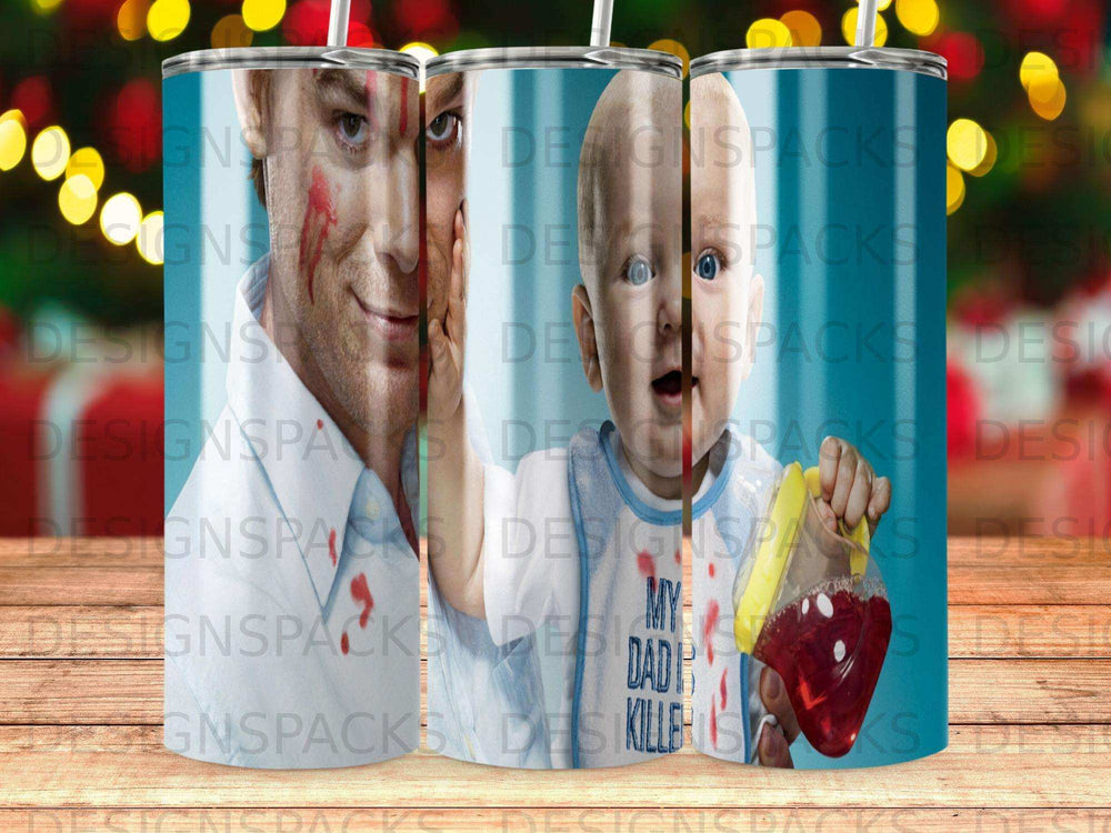 Dexter's face and baby in a bloody onesie on a tumbler.