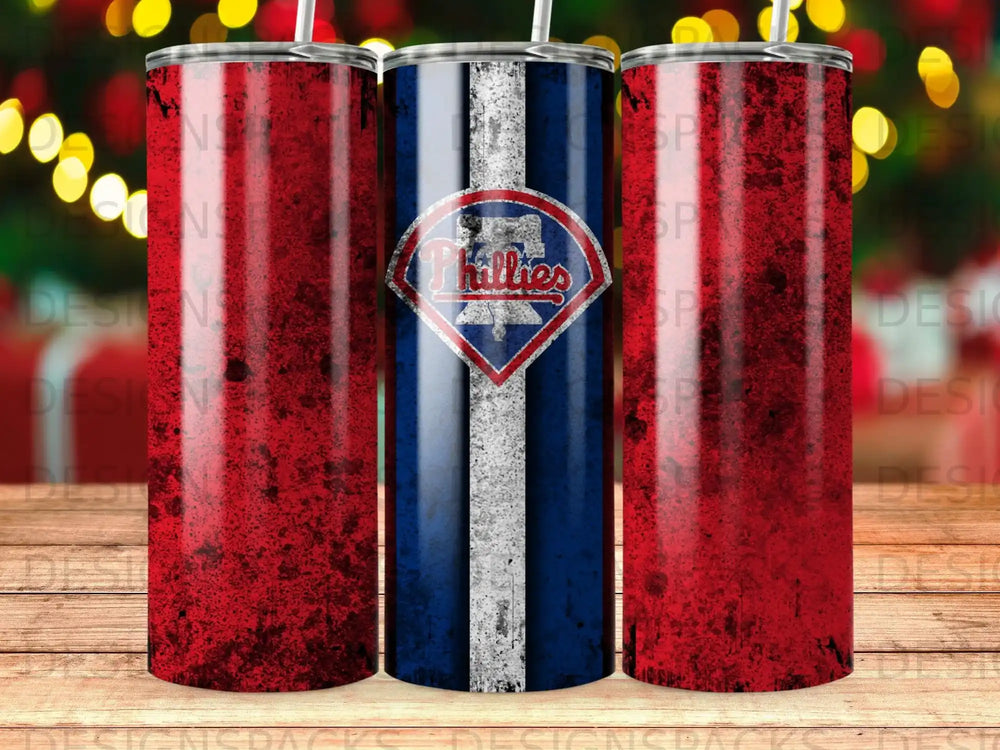 Philadelphia Phillies logo on a distressed red and blue tumbler.
