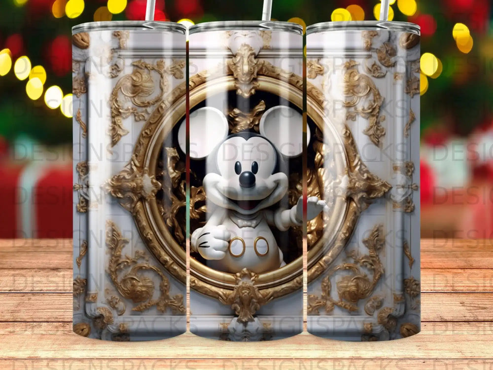 Mickey Mouse in ornate gold frame on textured tumbler.