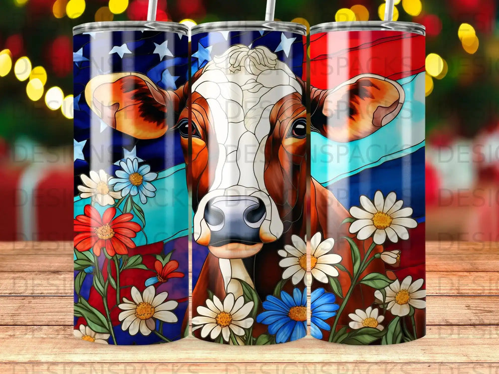 Cow with daisies and American flag pattern on a tumbler.