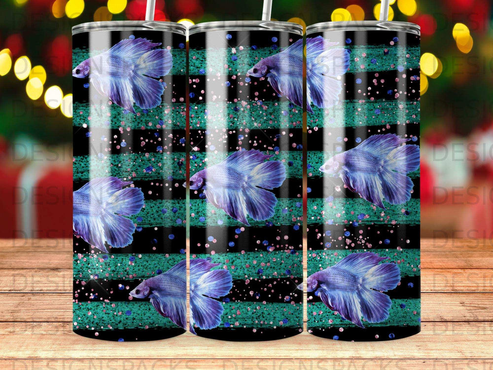 Blue betta fish swimming on a black and teal striped background with glitter.