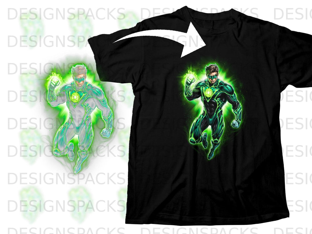 Black t-shirt with Green Lantern superhero graphic and white arrow overlay.