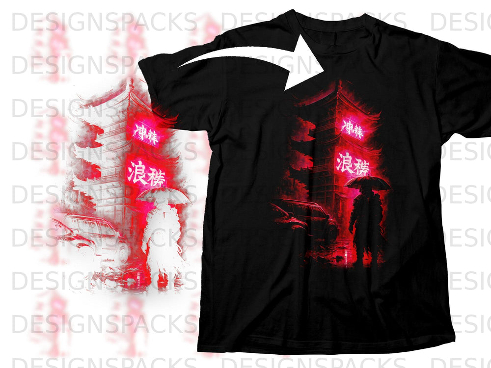 Black t-shirt with red Japanese-style graphic of a figure with an umbrella near a car and buildings.