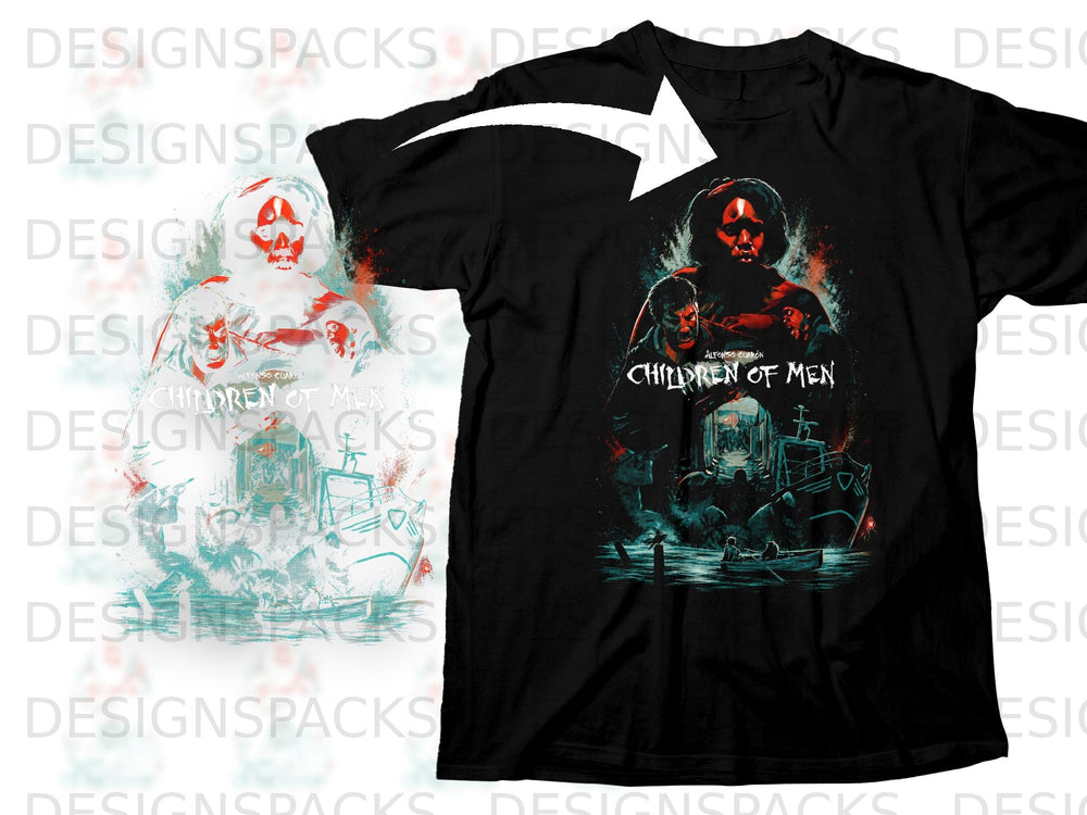 Black t-shirt with "Children of Men" movie poster art featuring figures and a boat.
