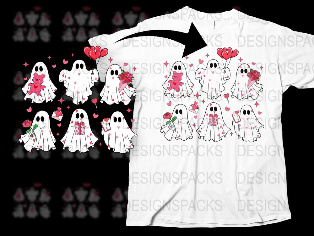 Cute Ghost T-Shirt for Halloween, Love Heart Ghosts Graphic Tee, Unisex Adult Kids Sizes Available