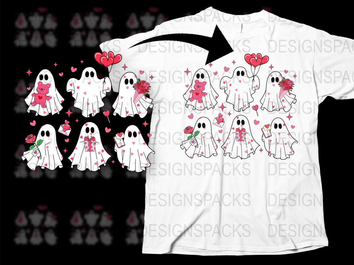 Cute Ghost T-Shirt for Halloween, Love Heart Ghosts Graphic Tee, Unisex Adult Kids Sizes Available