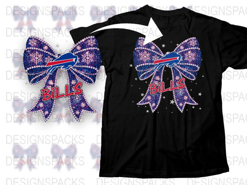 Buffalo Bills Inspired Rhinestone Bow Cheer T-Shirt, Sparkly Sports Fan Apparel, Custom Team Support Wear