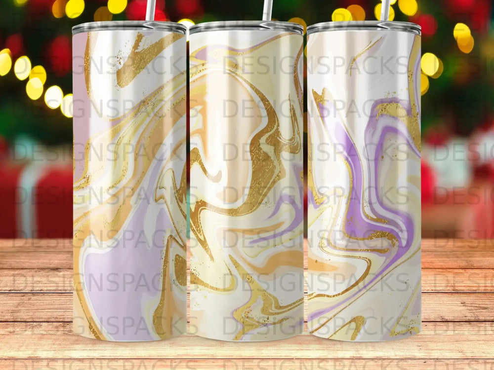 Three tumblers with a marbled purple, cream, and gold design.