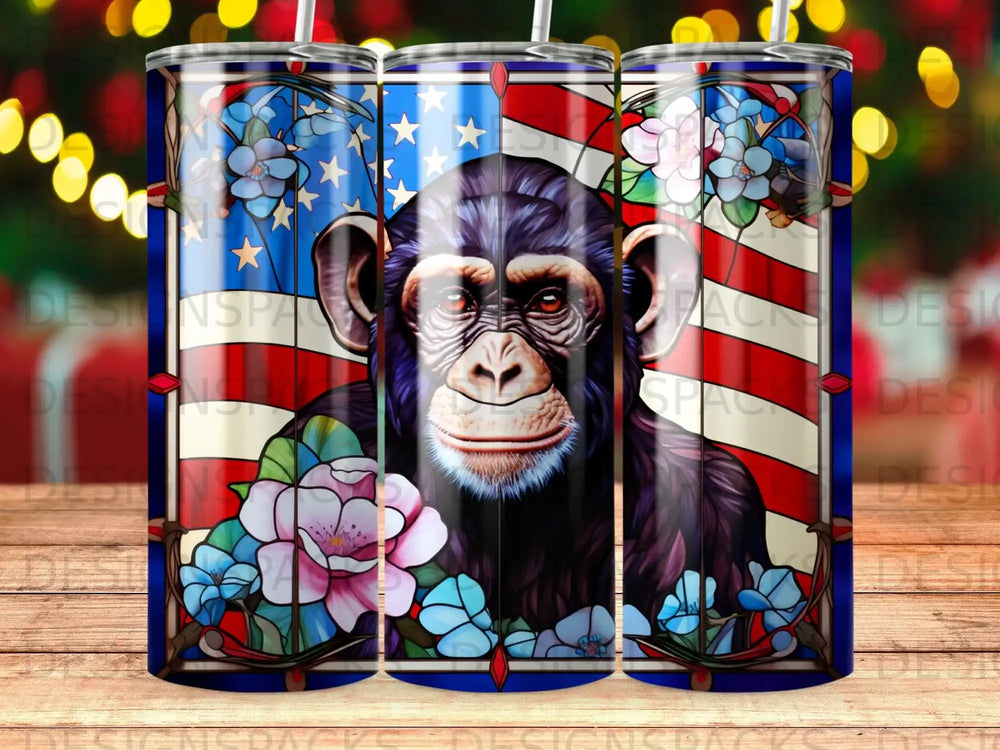 Chimpanzee with American flag and floral stained glass pattern.