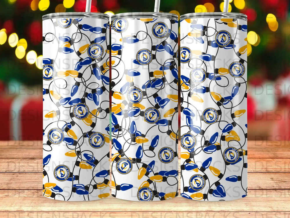 Los Angeles Rams logo on festive blue and yellow Christmas lights.