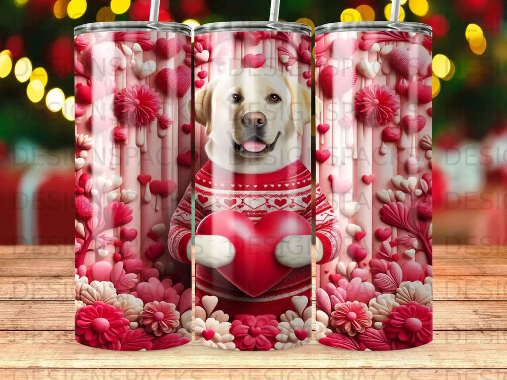 Labrador retriever wearing a sweater holds a large heart, surrounded by pink flowers and hearts.