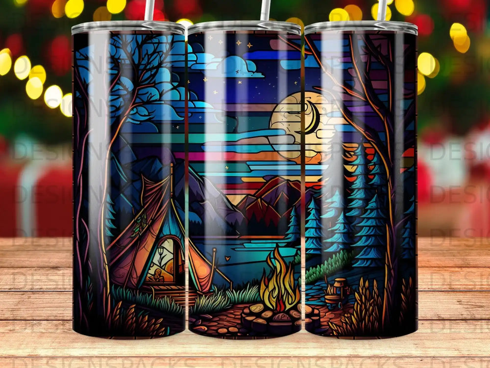 Tent and campfire under a full moon and starry sky with colorful mountains.