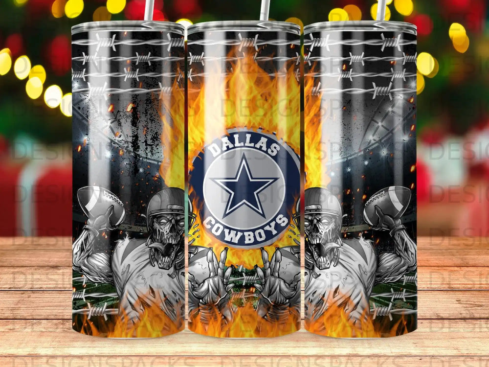 Dallas Cowboys logo with flaming skeletons holding footballs.
