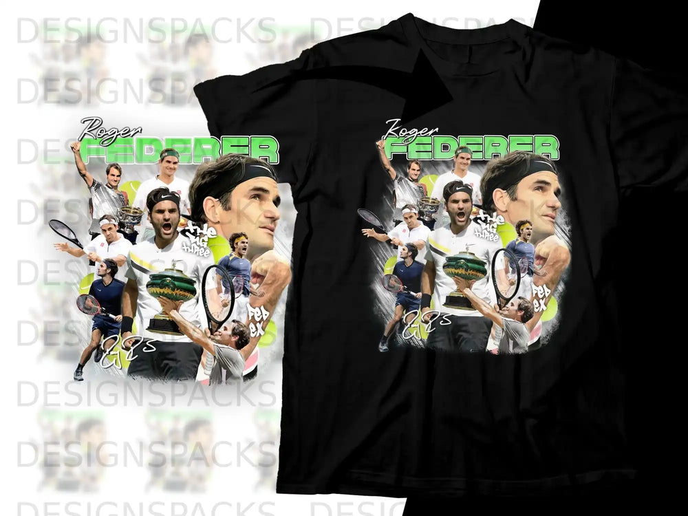 Roger Federer collage with trophy and tennis action shots.
