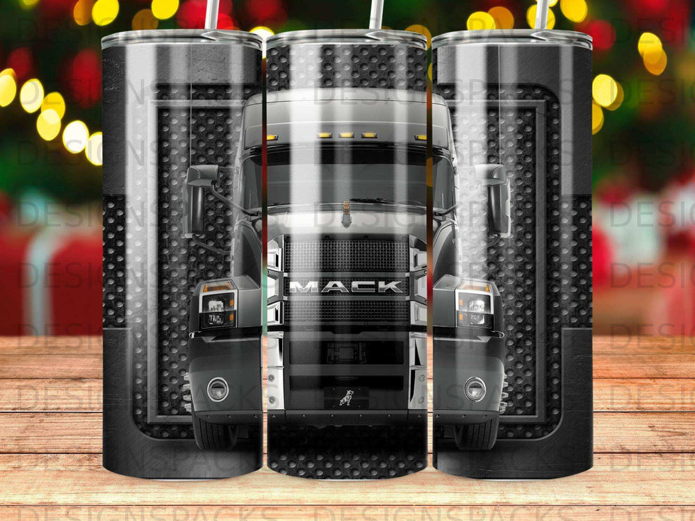 Black and gray semi-truck front view on textured background with festive lights.
