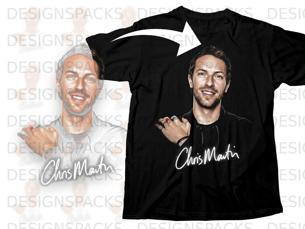 Black t-shirt with portrait and signature of Chris Martin.