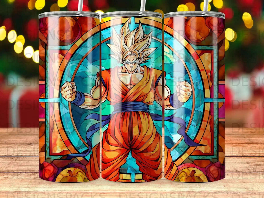 Goku in a stained-glass style artwork, posed powerfully, on a tumbler.