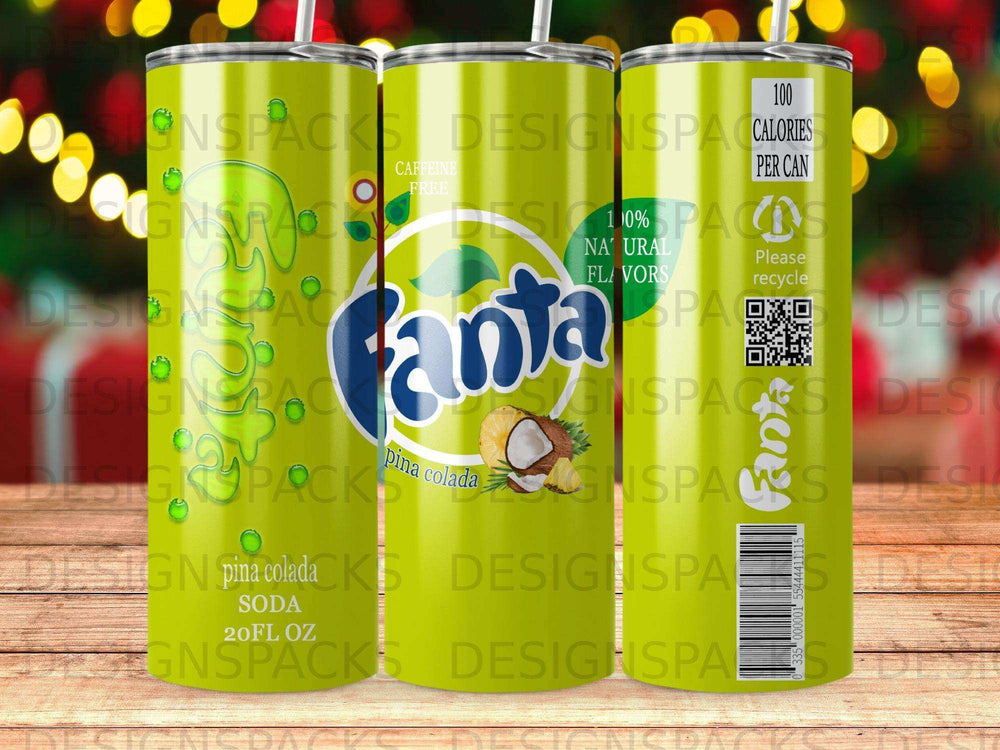 Fanta Piña Colada soda can with 100 calories per can.