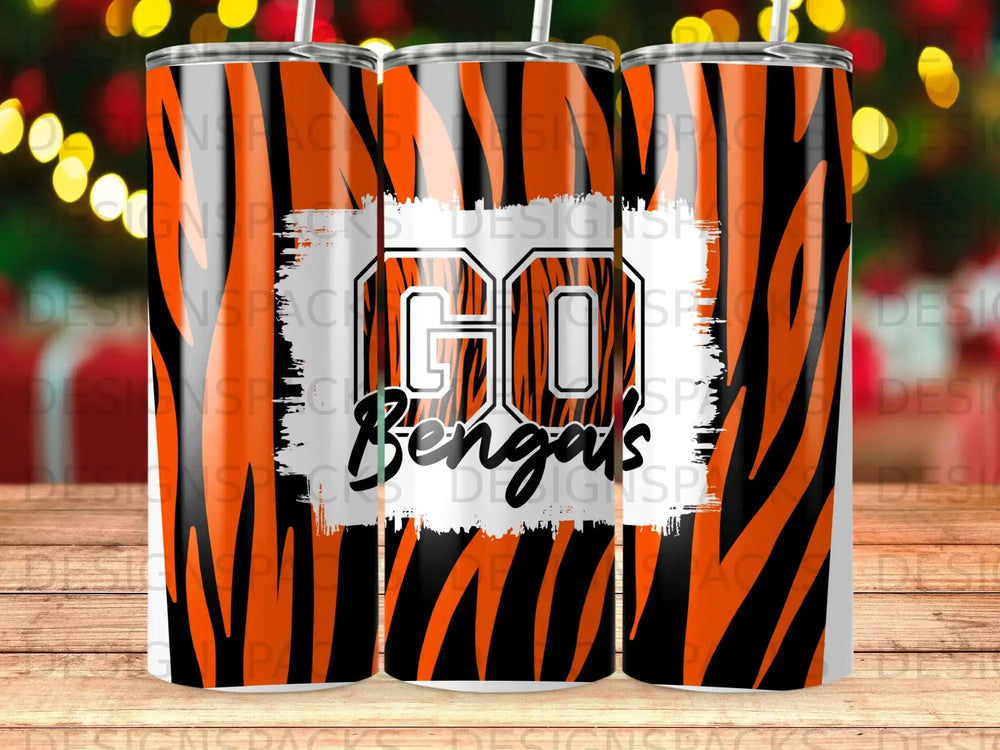 Tiger print tumbler with "GO Bengals" text.