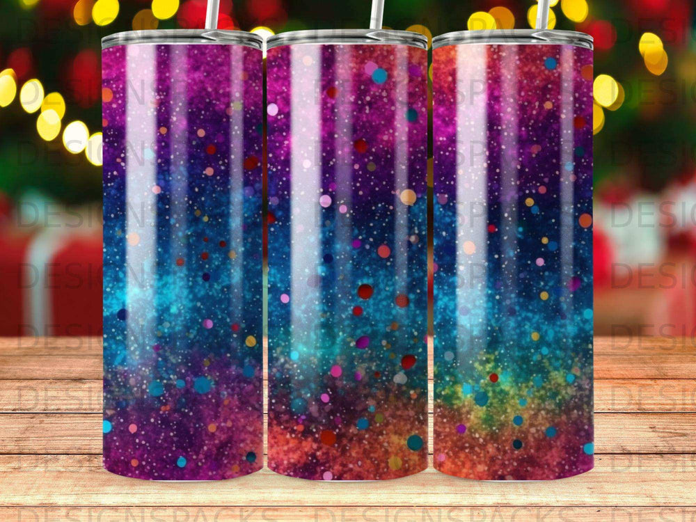 Three tumblers with a colorful, speckled glitter and watercolor design.