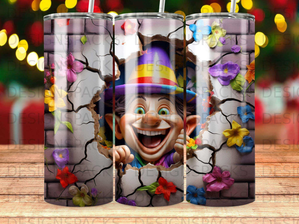 Cracked brick reveals a smiling, cartoonish jester character with colorful flowers.