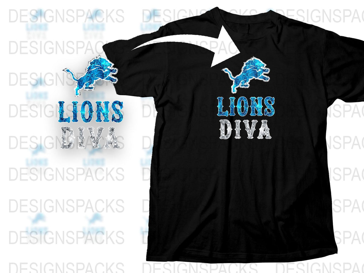 Detroit Lions Diva Black T-Shirt, Glittery Blue Logo Design, Women's Stylish Football Fan Apparel
