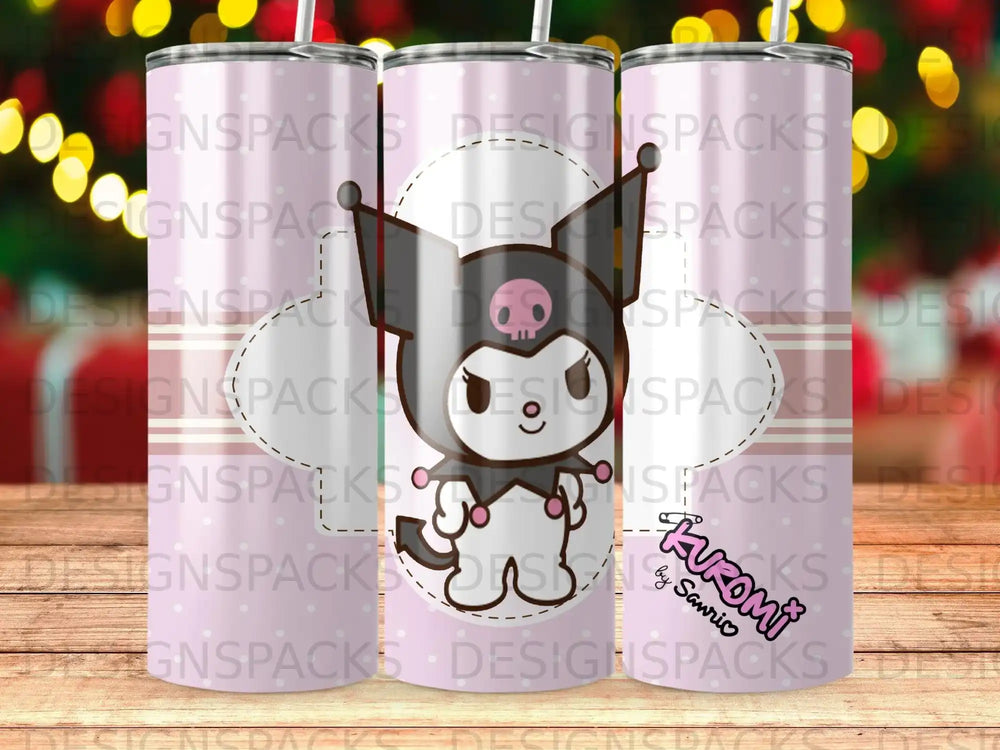 Kuromi character from Sanrio on a pink polka dot tumbler.